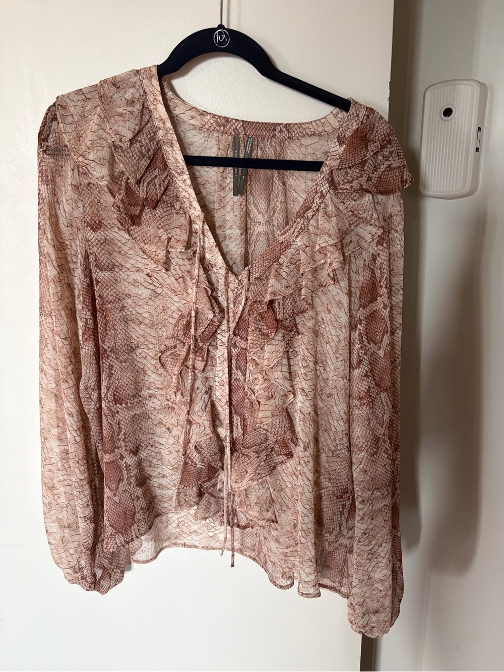 Anthropologie Blush Snake-Print Ruffle V-Neck Blouse - Picture 3 of 5